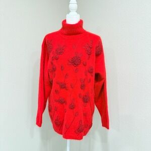 Vintage Rafaella Angora SOFT Rabbit Lambswool Sweater L Red Floral 3D Applique